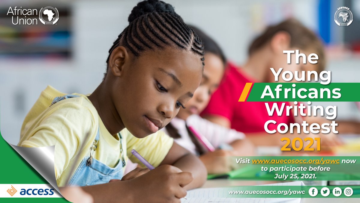 AU_ECOSOCC's tweet photo. Submit your innovative idea through a short essay format before July 25, 2021 to stand a chance to be among 10 winners. Visit https://t.co/EDrYdr9Q86 to learn more and participates now.

Kindly #Retweet @_AfricanUnion
#ECOSOCC_MyAfricaMyFuture #ECOSOCC_YAWC2021 #YAWC2021 https://t.co/0oPVLzU54P