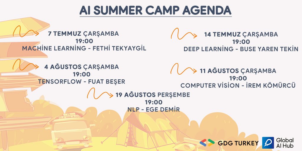Global AI Hub işbirliği ile gerçekleştireceğimiz AI Summer Camp çok yakında başlıyor! 🚀
7 Temmuz’da start vereceğimiz 5 hafta sürecek eğitim serimizin birbirinden değerli konuşmacıları ve program akışı karşınızda! 🧡 
#AISummerCamp #GDGTurkeyxGlobalAIHub #TensorFlow