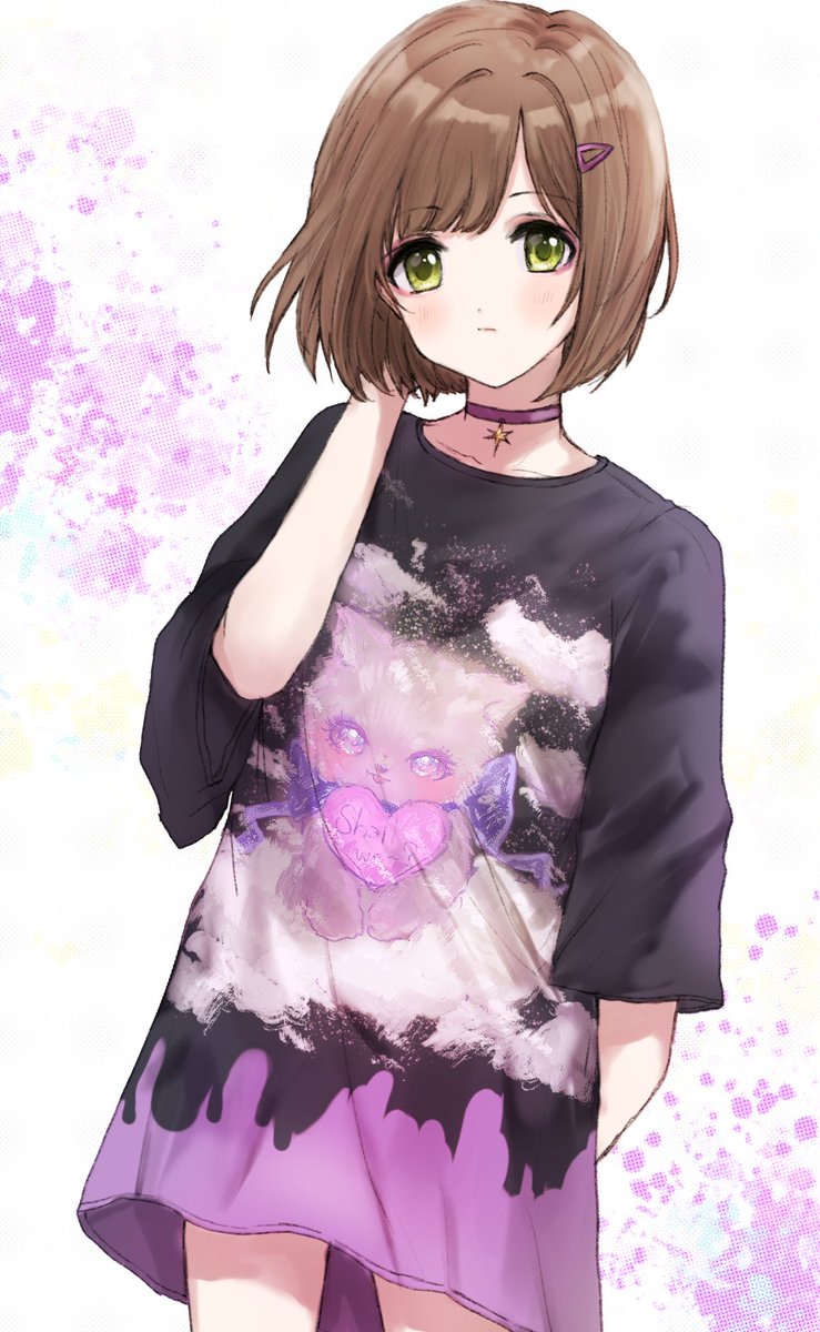 maekawa miku 1girl solo brown hair green eyes shirt choker short hair  illustration images