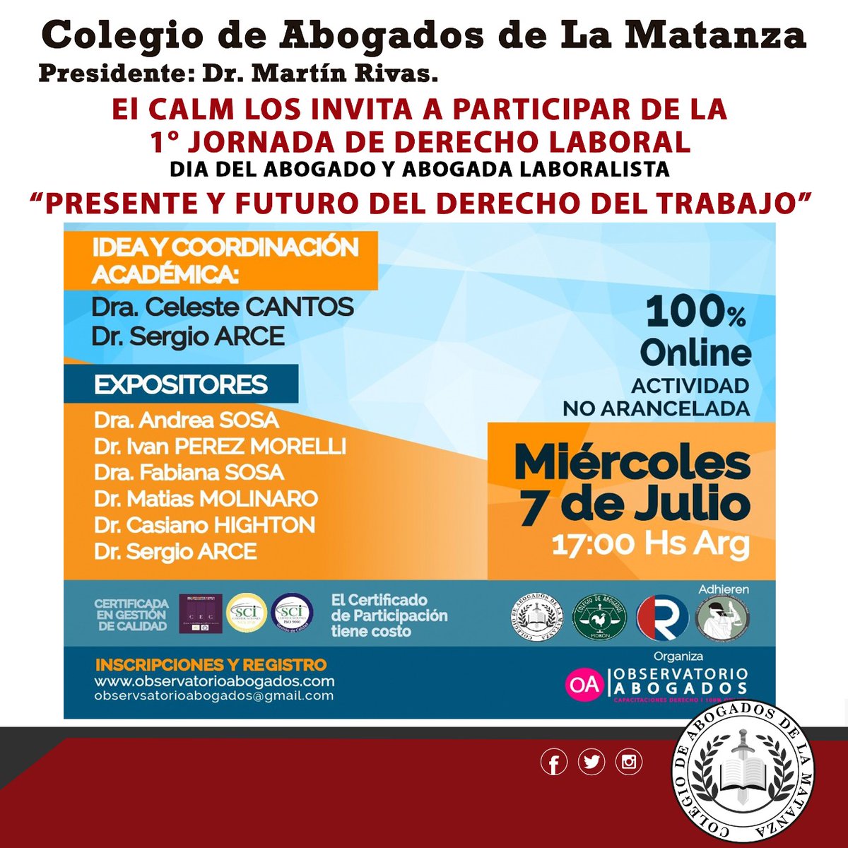 calmatanza's tweet photo. Adjuntamos enlace de inscripción de la Jornada organizada por el Observatorio de Abogados y con la adhesión del CALM.
https://t.co/uyHWHZTcX4 https://t.co/ceNNjjek8P