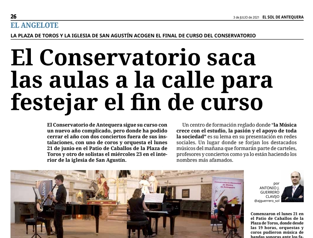 📰 #Antequera #Noticias #Prensa #Cultura
👉 El Conservatorio saca las aulas a la calle para festejar el fin de curso. <a href="/ConservatorioA/">ConservatorioAnteqra</a> 
#periodismoSOL #SOLpapel
#SiempresaleelSol🌞
⤵️ En tu periódico de este sábado...