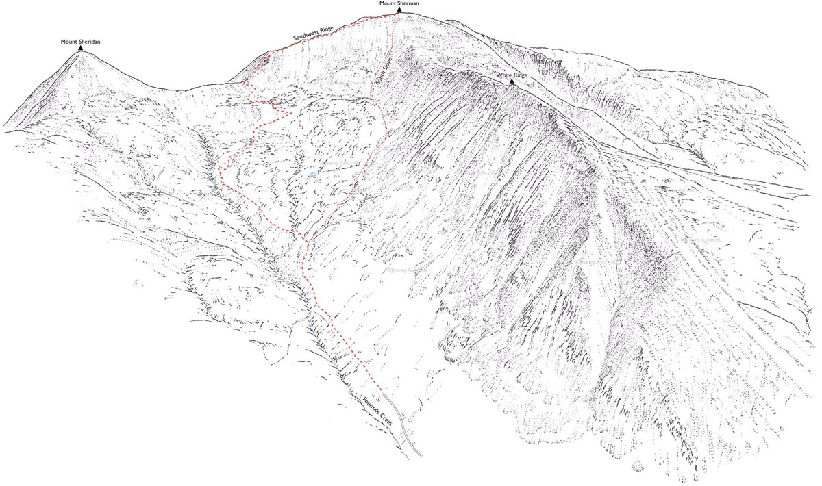 Mount Sherman, routes from Fourmile Creek.
@colorado14ers @co14ers #co14ers @ColoradoMtnClub @COHikingClub @coloradogov @coloradoutdoors #14ersofcolorado #14ersummit #14erscom #mountsherman #hiking #mountainart #colorado14ers #co14ers #penink #peninkart #landscapeart