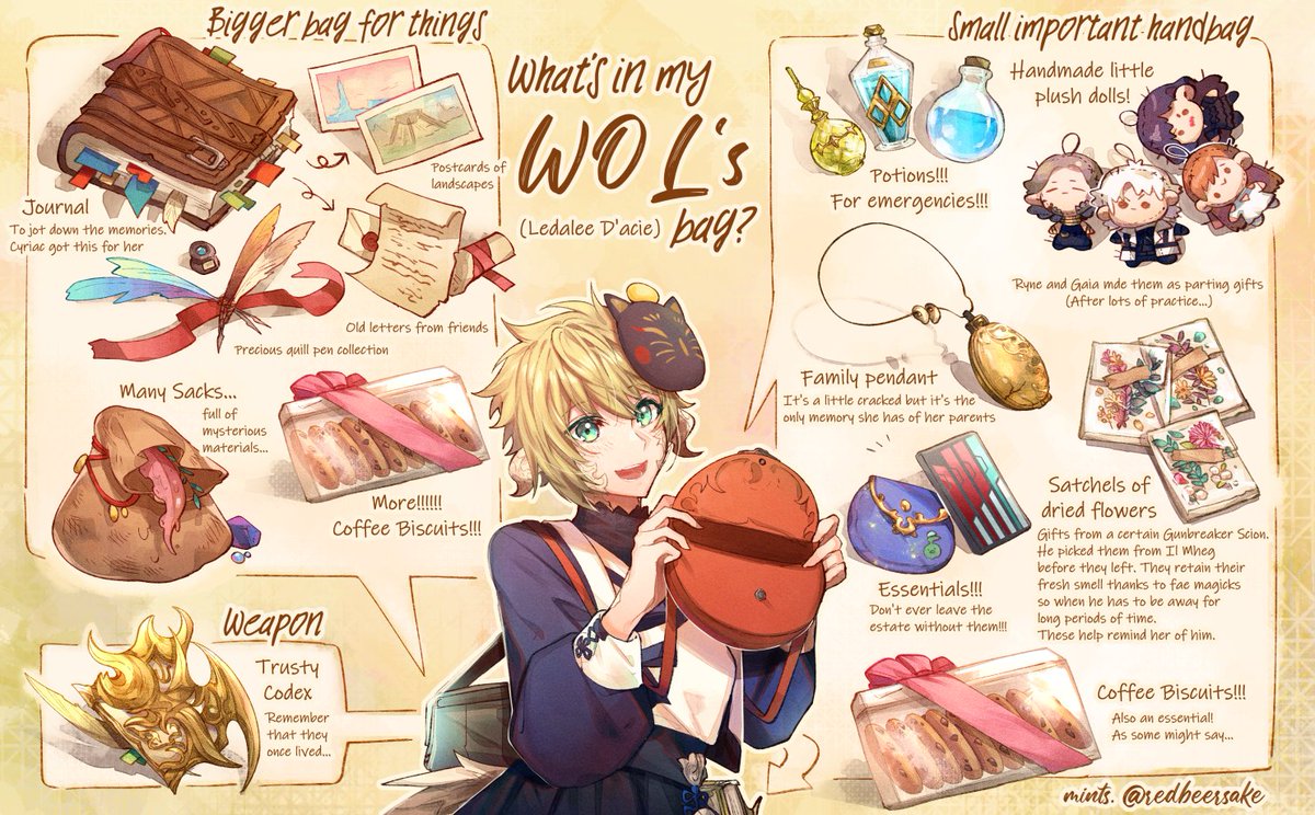 What is inside my WoL's bag? 

Finally drew one for my darling girl!!!! She's the type to hoard keepsakes and trinkets so her bags are...pretty messy.
Also coffee biscuits!!!!!!

#FFXIV #FF14 #FFXIVART 