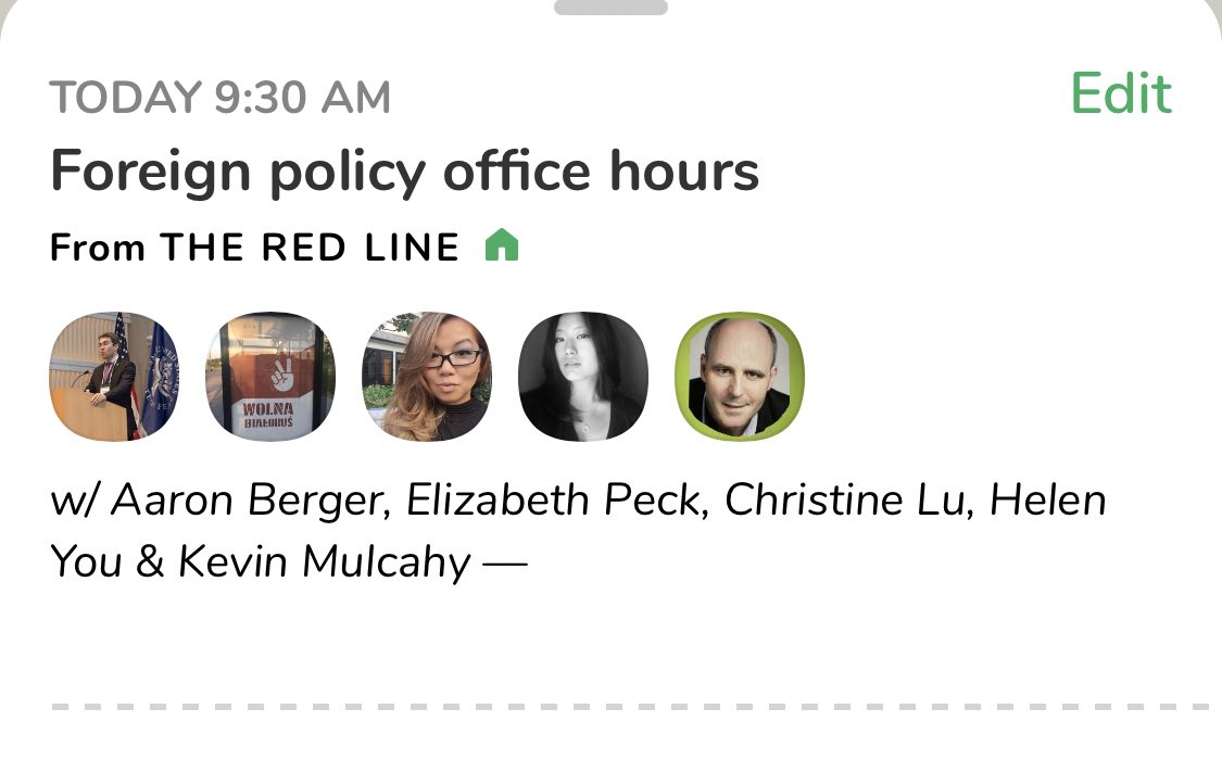 “Foreign Policy Office Hours” 

For all of you fellow international relations watchers. Drop in with <a href="/RgtManWrngPlace/">Right Man, Wrong Place</a>, <a href="/trojkast/">The Trojkast (formerly Gdańsk News)</a>, @helenyou9, <a href="/KevinMulcahy/">Kevin Mulcahy</a>, and <a href="/TheRedLineClub/">The Red Line</a>.

clubhouse.com/event/Pr43RnKl