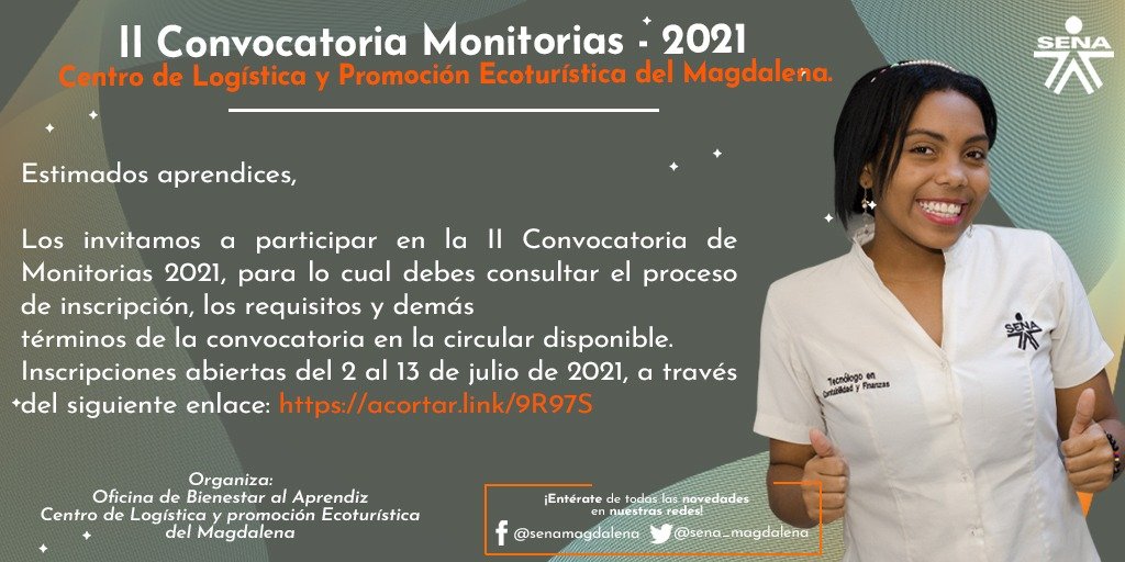 Eroblesjunior's tweet photo. Estimados aprendices, los invitamos a participar en la II Convocatoria de Monitorias 2021.

🖱Consulta los términos y requisitos en 👉🔗: https://t.co/RwmgZvHoGG

🖥️Inscripciones abiertas del 2 al 13 de julio de 2021: https://t.co/LCzvtlmfmF

¡No dejes pasar esta oportunidad!👩‍🏫👨‍💻 https://t.co/6dm64mqHbd