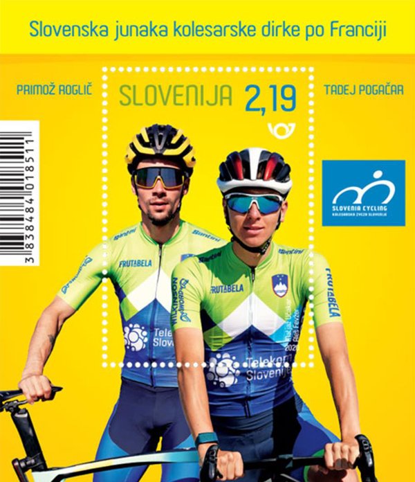Editions_Yvert's tweet photo. [On en parle] Après le #TDF2020, la Poste Slovène avait rendu hommage à Primoz Roglic / @rogla et Tadej Pogacar / @TamauPogi par l'émission d'un bloc-feuillet mis en vente en décembre 2020. Ce bloc est disponible en commande chez @Editions_Yvert #TDF2021  #Pogacar #Roglic https://t.co/eD4QJkybPU