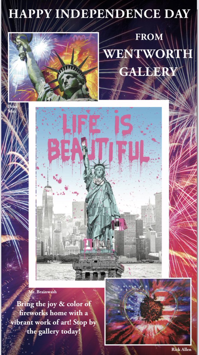 WGShortHills's tweet photo. Happy Independence Day! Bring a splash of firework colors home with some patriotic art! Stop by the gallery or message us for more information!
#4thofjuly #patrioticdecor #petermax #mrbrainwash #rickallen #defleppard #thundergod #statueofliberty #popart #fireworks https://t.co/wzeginxNYd