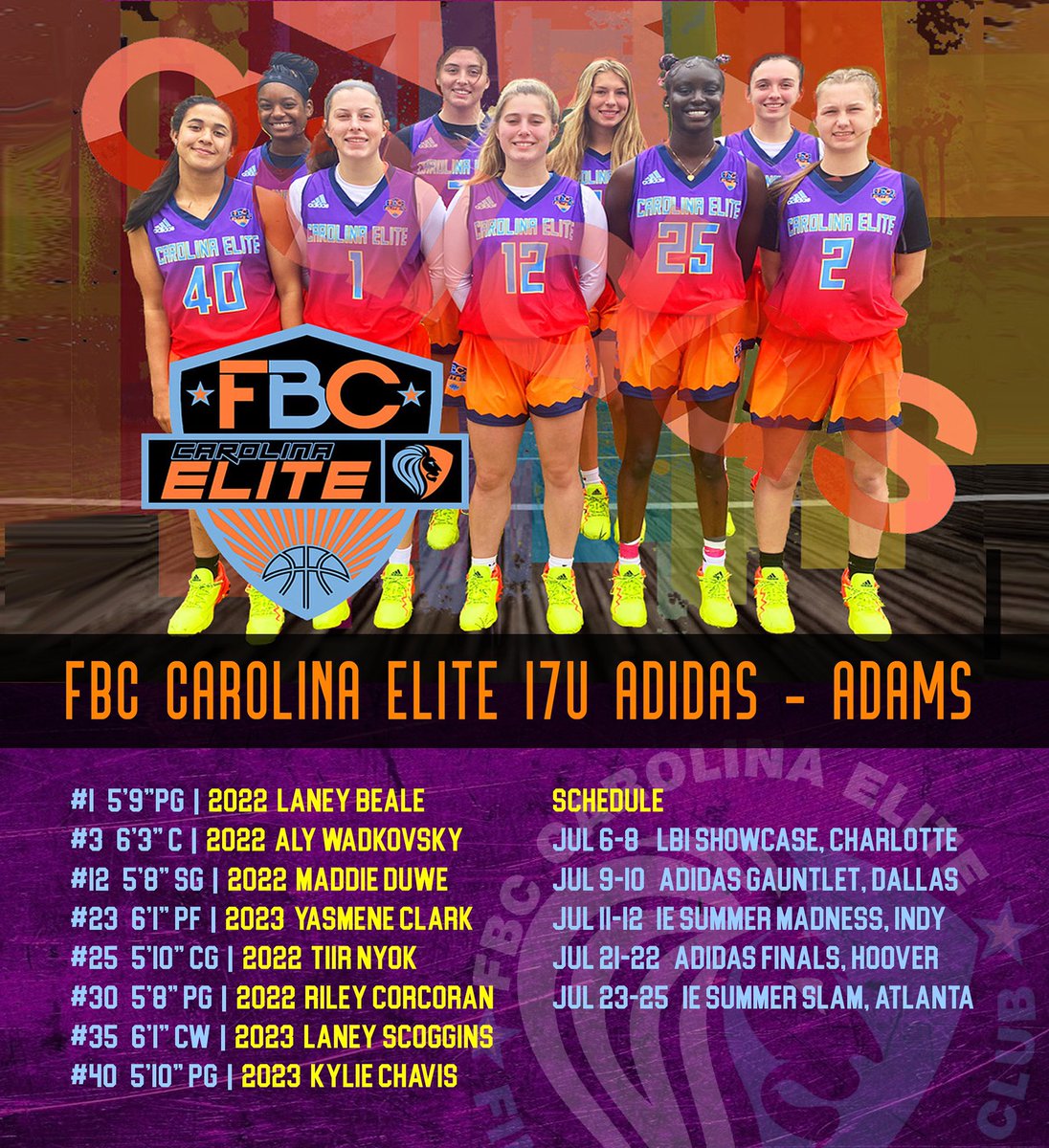 CarolinaEliteBB's tweet photo. Big week for the ADIDAS crew. Come see why college coaches keep burning up the road to follow this squad! 

Jul 5/8, LBI Charlotte
Jul 9/10, Adidas Dallas
Jul 11/12, IE Indy
Jul 21/23, Adidas Birmingham 
Jul 23/25, IE Atlanta

@LaneyBeale_5  #FBCstrong #FBCcarolinaelitebasketball https://t.co/OQzXZEM363
