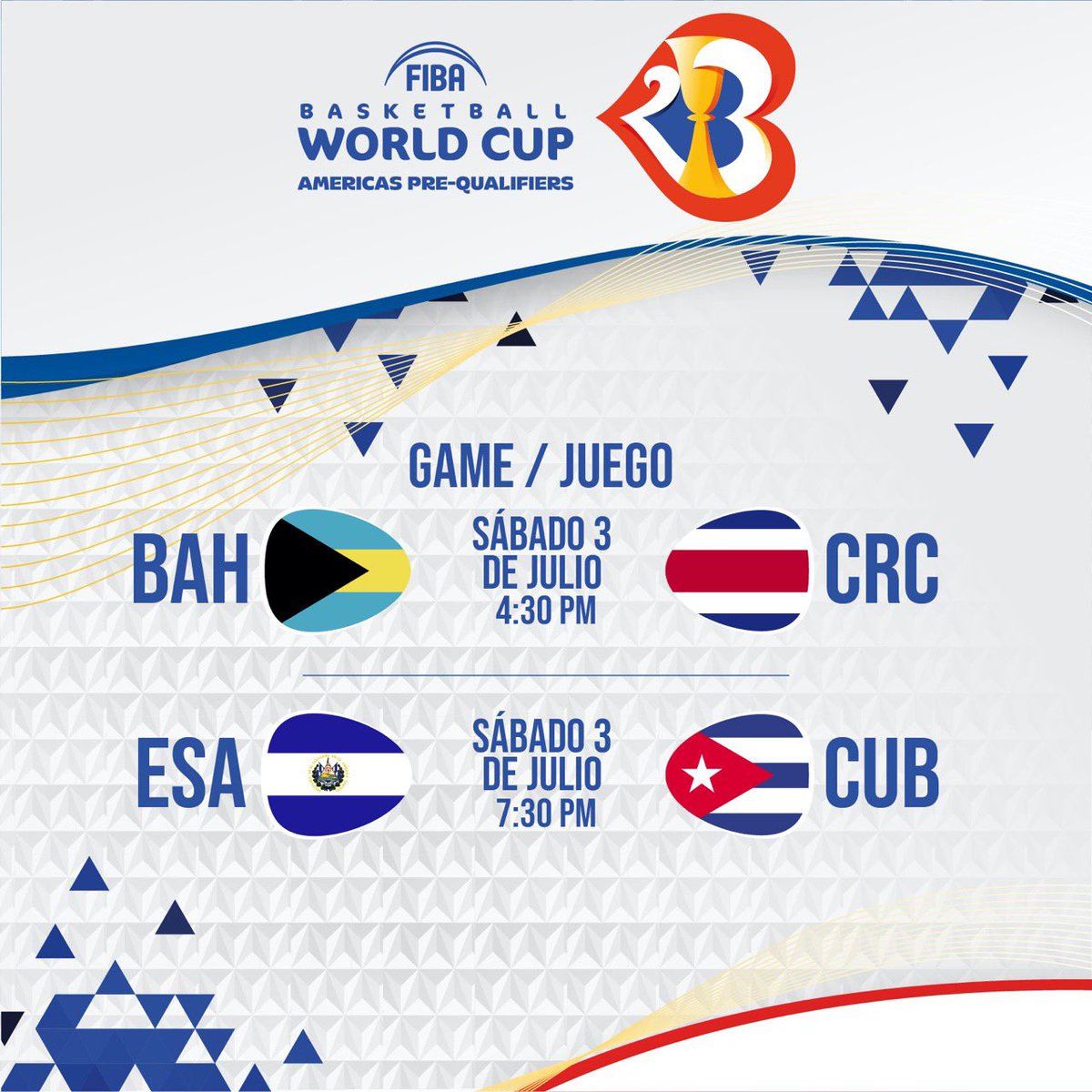 fesabal's tweet photo. |🏀🏆🇸🇻🇨🇺🇨🇷🇧🇸
#PreQualifiersFIBA |
🔥¡Hoy se disputa la segunda jornada del Preclasificatorio de las Américas a la Copa del Mundo de Baloncesto FIBA 2023!🔥
Bahamas-Costa Rica 4:30 p.m.
El Salvador-Cuba 7:30 p.m.
🏟 Gimnasio Nacional José Adolfo Pineda, San Salvador. https://t.co/mpLgA2Mcu7
