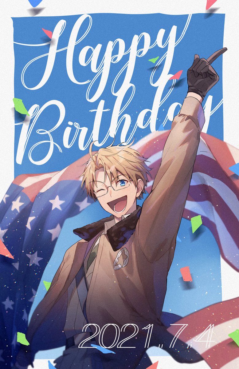 america (hetalia) 1boy male focus blue eyes one eye closed blonde hair gloves glasses  illustration images