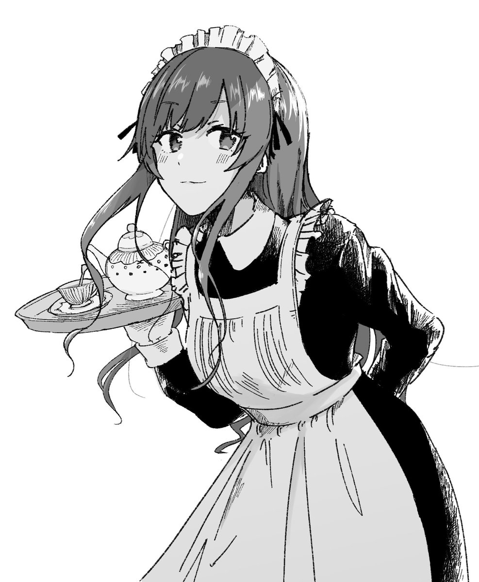 1girl greyscale monochrome maid headdress maid solo apron  illustration images