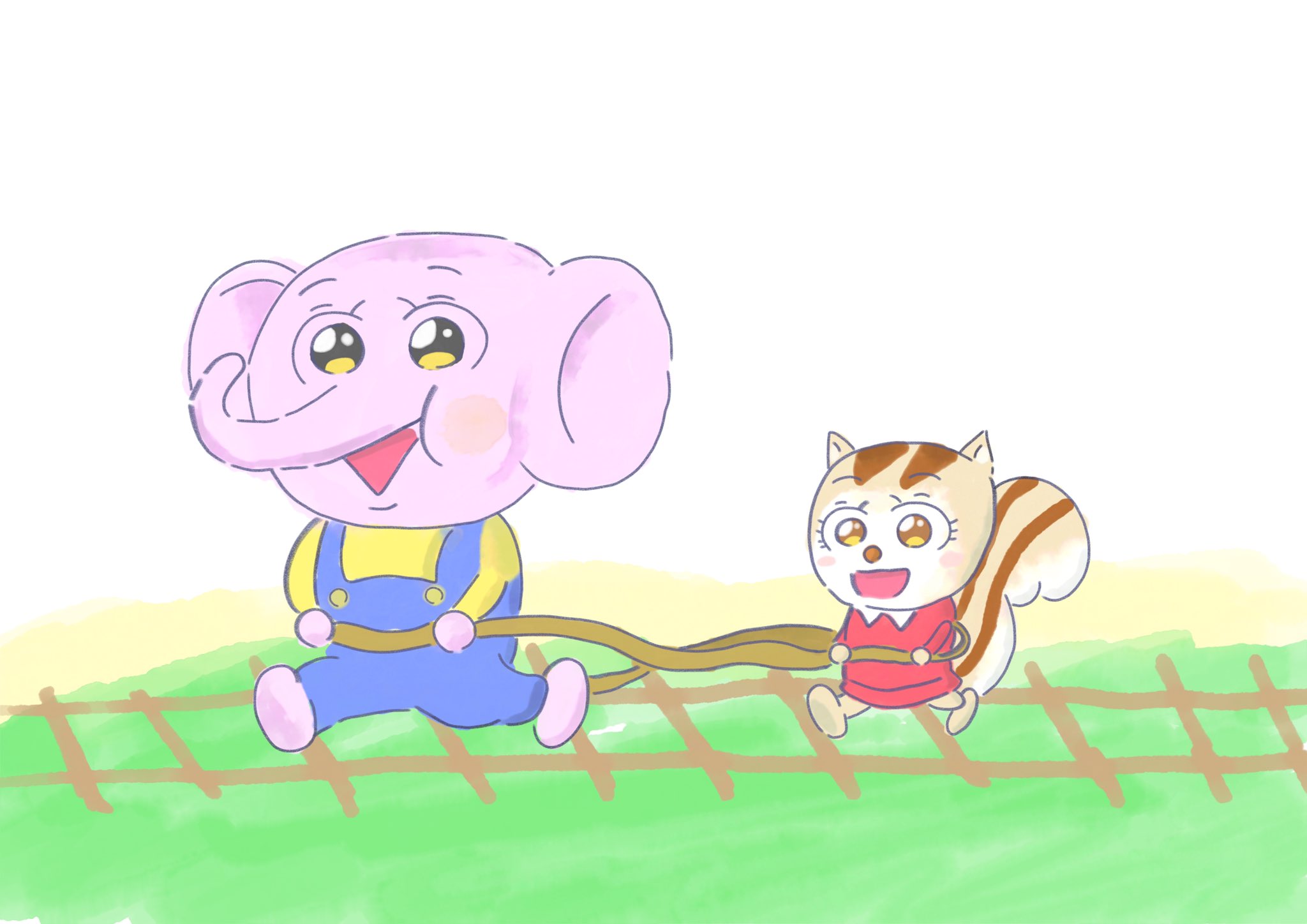 Aki こちらは趣味垢でーす 仲良く電車ごっこをしているぞうくんとリスちゃん 元ネタは藤子f不二雄の ぞうくんとりすちゃん です イラスト イラストレーター かわいいイラスト 私の絵柄が好みって人にフォローされたい みんなで楽しむtwitter展覧会