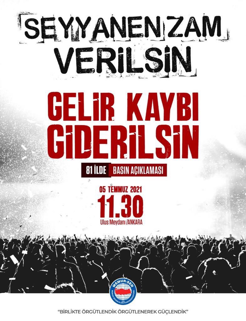 📢📢📢SEYYANEN ZAM VERİLSİN,
  GELİR KAYBI GİDERİLSİN!
Memur ve Memur Emeklilerinin alım gücü düşmüş,enflasyon rakamları ile kamu işvereninin/hakemin verdiği zam arasında büyük makas oluşmuştur.

Kayıpların telafisi/seyyanen zam talebimiz için 81 ilde Basın Açıklaması  yapıyoruz.