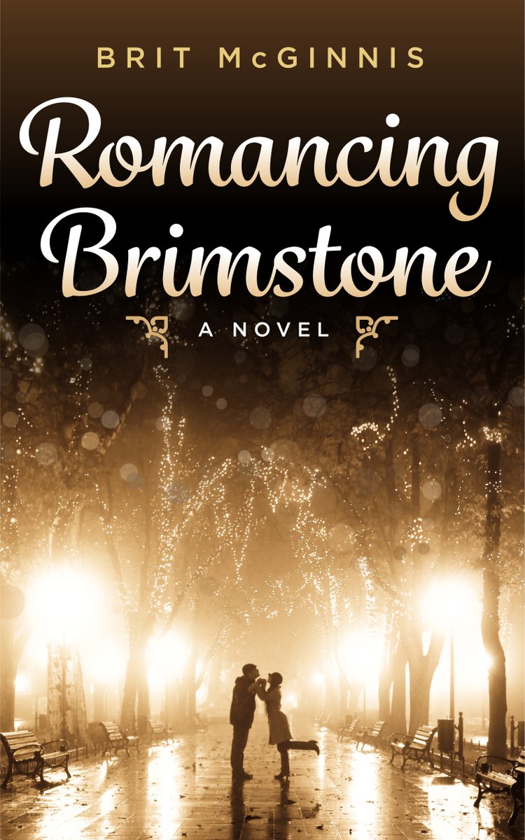 Cover of Romancing Brimstone, showing a heterosexual couple holding hands in an overly bright, wet walkway
