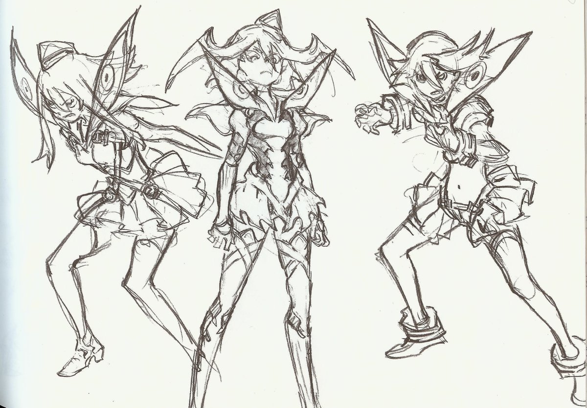 Kill la Kill (キルラキル) : Conceptual Character Design.

The first one was made by Hiroyuki Imaishi (今石洋之).
The second was made by You Yoshinari (吉成 曜).
The last two were made by Sushio (すしお) 