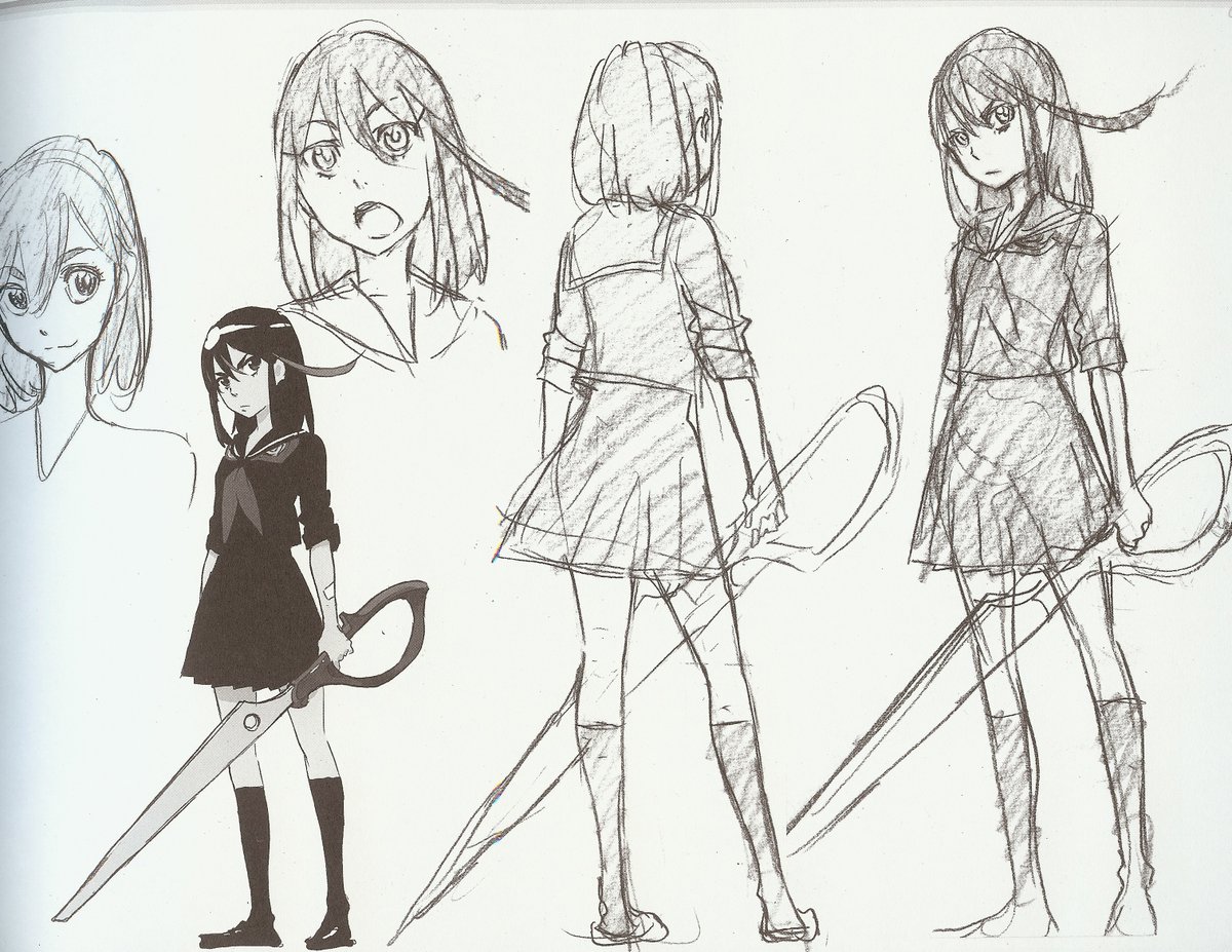 Kill la Kill (キルラキル) : Conceptual Character Design.
The first one was made by Hiroyuki Imaishi (今石洋之).
The second was made by You Yoshinari (吉成 曜).
The last two were made by Sushio (すしお)
