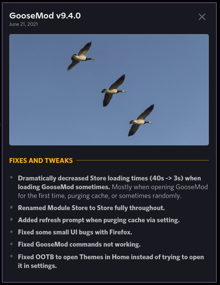 Goose_Mod's tweet photo. GooseMod v9.4.0 is now out! Mostly a minor update compiling together a lot of various tweaks and fixes. Changelog attached, hope you enjoy! https://t.co/NEeJWRns27