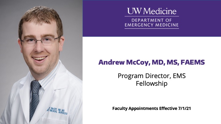 <a href="/MarieEMmd/">marie vrablik</a> Next we have Dr. Andy McCoy (<a href="/andymccoymd/">Andy McCoy</a>) who will be taking over as Program Director for our EMS Fellowship. Congratulations! #UWashEMS

More about Dr. McCoy ➡️ bit.ly/3xi4SF4