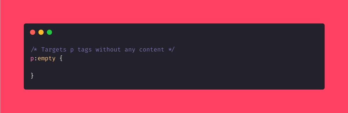 devsamples's tweet image. The :empty pseudo selector is a great way to target elements without any content. Here&apos;s one way to use it.

#CSS #100DaysOfCode #CodeNewbie #code #Webdesign #Website 
devsamples.com/css/targetting…