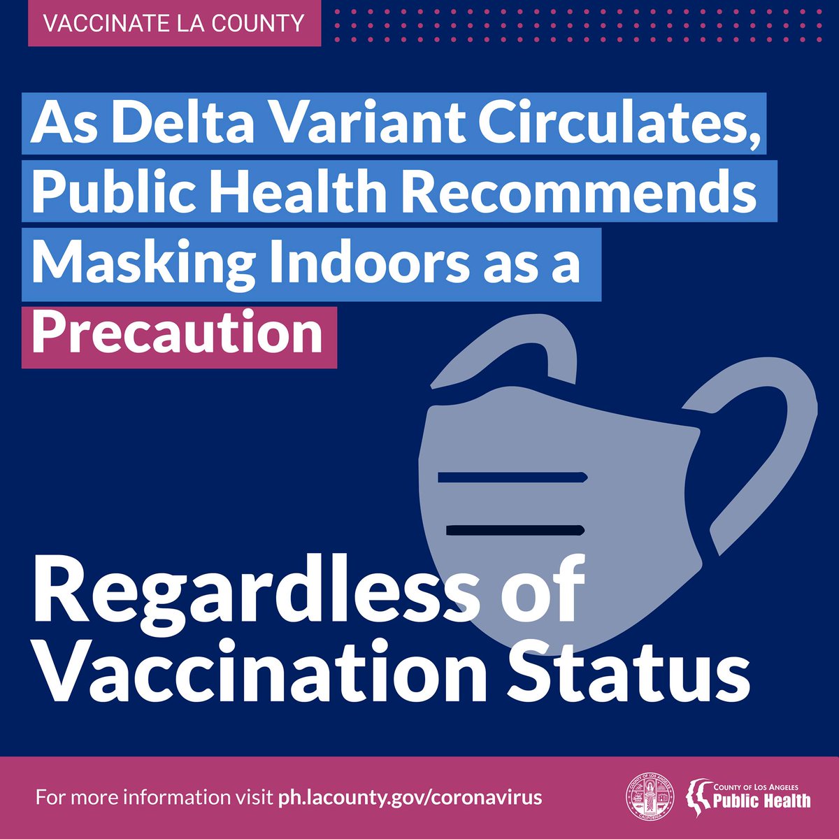 lapublichealth's tweet photo. Since the Delta variant is more infectious than other variants, Public Health recommends wearing a mask around others in indoor spaces, regardless of vaccination status. Please stay safe while celebrating Independence Day. https://t.co/kWREcelsfr