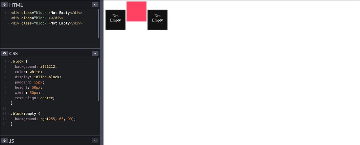 devsamples's tweet image. The :empty pseudo selector is a great way to target elements without any content. Here&apos;s one way to use it.

#CSS #100DaysOfCode #CodeNewbie #code #Webdesign #Website 
devsamples.com/css/targetting…
