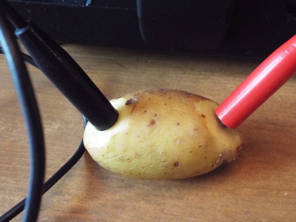 For others avoiding football here is a potato connected to a mobility scooter battery.