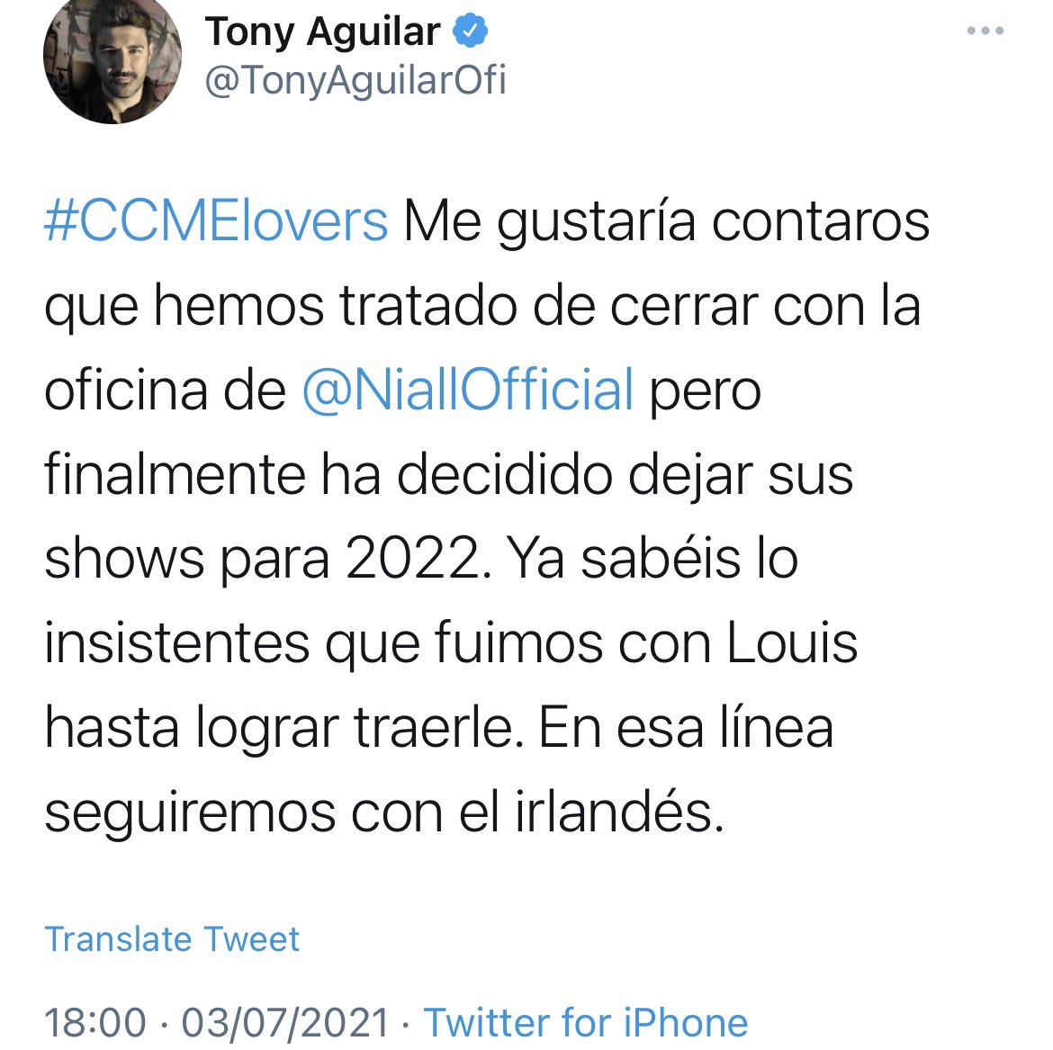 niallontours's tweet photo. According to @TonyAguilarOfi, they got in touch with Niall and his team to invite him to perform at the CCME festival in Spain this year…but Niall has decided that all his shows will be in 2022 👀 https://t.co/ElSpkH4JR4