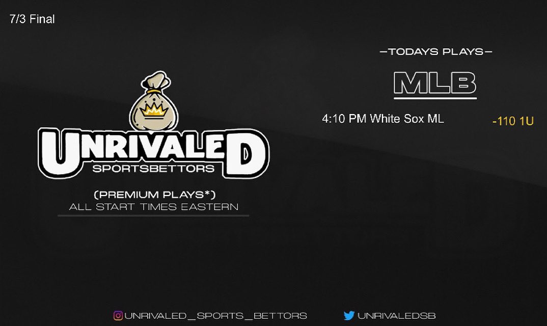 UnrivaledSB's tweet photo. July 3rd Final Card! MLB pick for the Final Card! Let’s get back on track! Please refer to the Units Guide Pinned Tweet if you have any questions on Units! #GamblingTwitter #UnrivaledSportsBettors https://t.co/LbzHuCIY8T