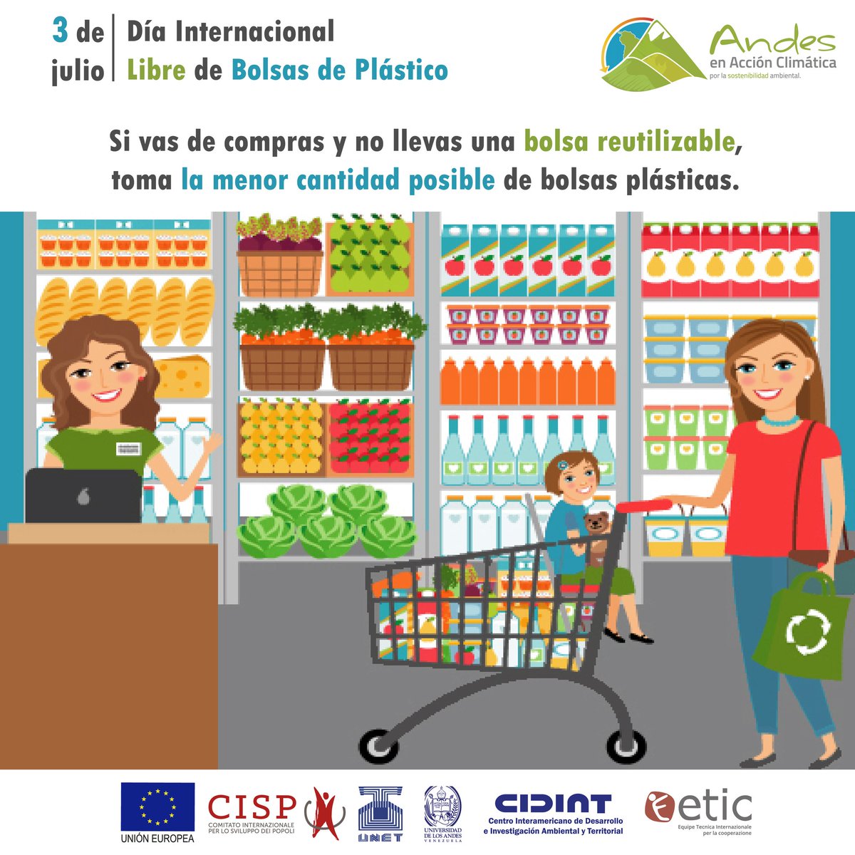 AClimatica's tweet image. La participación de todos en la reducción del uso de bolsas plásticas es vital para preservar la biodiversidad y evitar el deterioro de los ecosistemas. Desde Andes en Acción Climática te invitamos a sustituir las bolsas plásticas por bolsas de tela o fibras reutilizables.