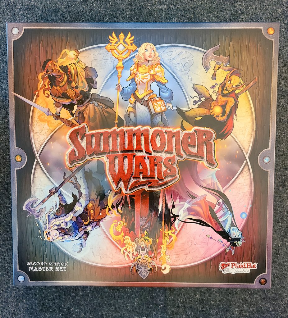 TableIt_'s tweet image. Summoned to our table today was Summoner Wars from @PlaidHatGames! Our new favorite two player game. Had a blast from the start simply picking our decks admiring the beautiful art on every card. Looking forward to future expansions and playing more!