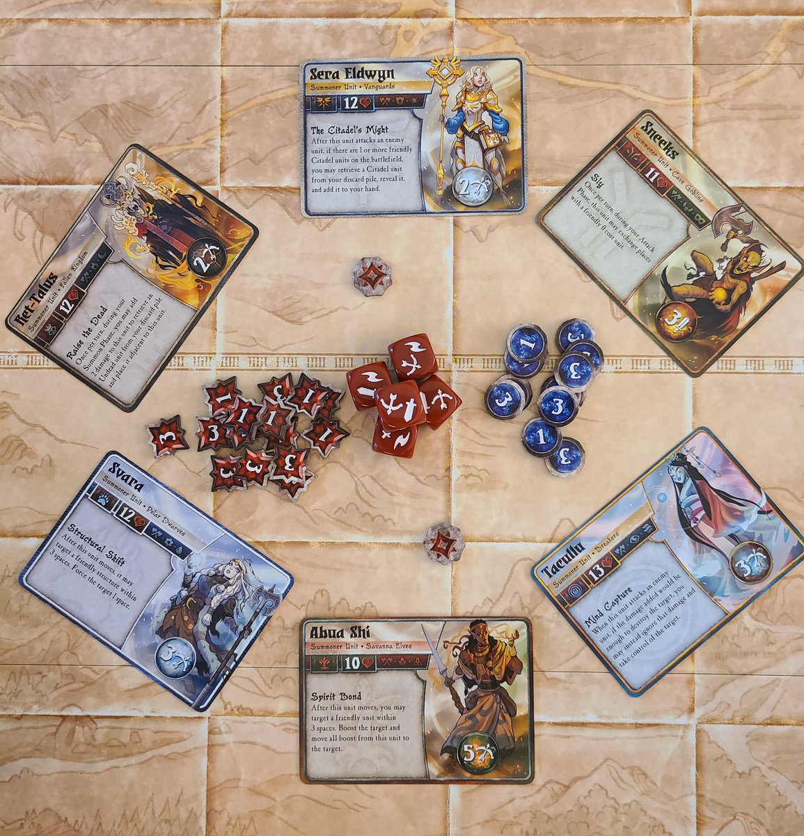 TableIt_'s tweet image. Summoned to our table today was Summoner Wars from @PlaidHatGames! Our new favorite two player game. Had a blast from the start simply picking our decks admiring the beautiful art on every card. Looking forward to future expansions and playing more!