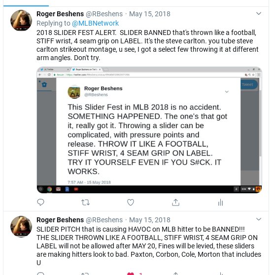 RBeshens's tweet photo. Always watch out for BACK DOOR SLIDER guy
If she brings up Football, Stiff wrist. He's history. (Bauer kept saying Football Stiff wrist to me over and over until I passed out)
I teach Bauer/Al Leiter Football Slider May 2018, 7 wks later Bauer shows AL the pitch at ALL STAR game https://t.co/QXIbFxVGFP