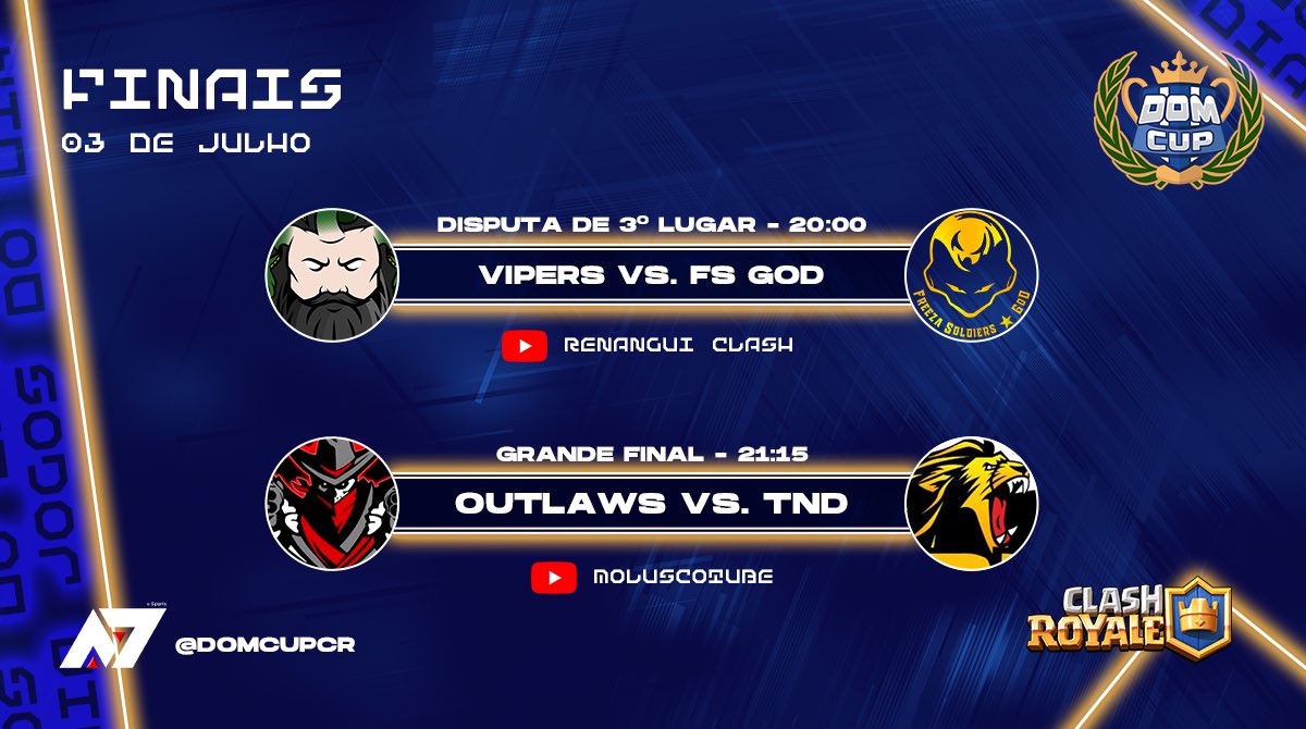 DOMCupCR's tweet photo. #DOMCupII

CHEGOU O GRANDE DIA!

Nossa segunda edição se encerra hoje com a disputa de terceiro lugar entre Vipers &amp; Freeza, valendo o pódio e vaga na @CR_ALiga!

Logo após, a tão aguardada FINAL! Outlaws &amp; TND duelarão valendo o TÍTULO da competição!

Boa sorte a TODOS! 🔵🏆 https://t.co/s0u5zcmpOl