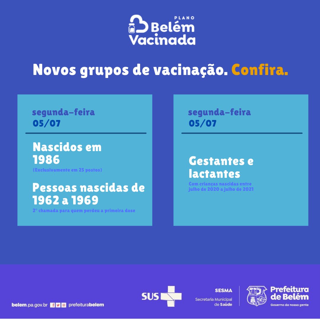 prefeiturabelem's tweet photo. O Belém Vacinada segue avançando para vacinar a nossa gente e nesta segunda-feira, 5, é a vez dos nascidos em 1986, gestantes e lactantes com crianças nascidas entre julho de 2020 a julho de 2021 e uma nova chamada para nascidos de 1962 a 1969. 

#PrefeituraBelem https://t.co/HyjWOLh3GU