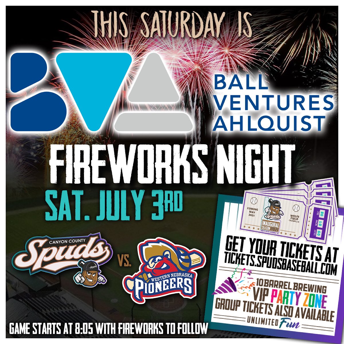 spudsbaseball's tweet photo. @spudsbaseball come see the biggest, loudest, best BOOM in Canyon County tonight after the Spuds game! @bvadev is sponsoring tonights Fireworks Show! #tatertown #bvadev #spudsbaseball #spudstickets https://t.co/51BHoKyEX1