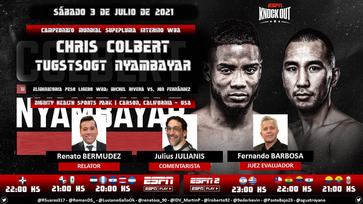 PuntajeIdealPE's tweet photo. 🥊 #BOX 🇺🇸 | #ESPNKnockOut
🎙 Relator: @RenatoBermudez
🎙 Comentarista: @julianisjulius
📝 Juez Evaluador: @BarbosaBox
📺 #ESPN 2 Sur | #ESPN Norte
💻📱 @ESPNPLAY
🤳 #BOXEOxESPN - #PBConESPN - #ColbertNyambayar - #RiveraFernandez
Dale RT 🔃 https://t.co/HtEruEx5s2