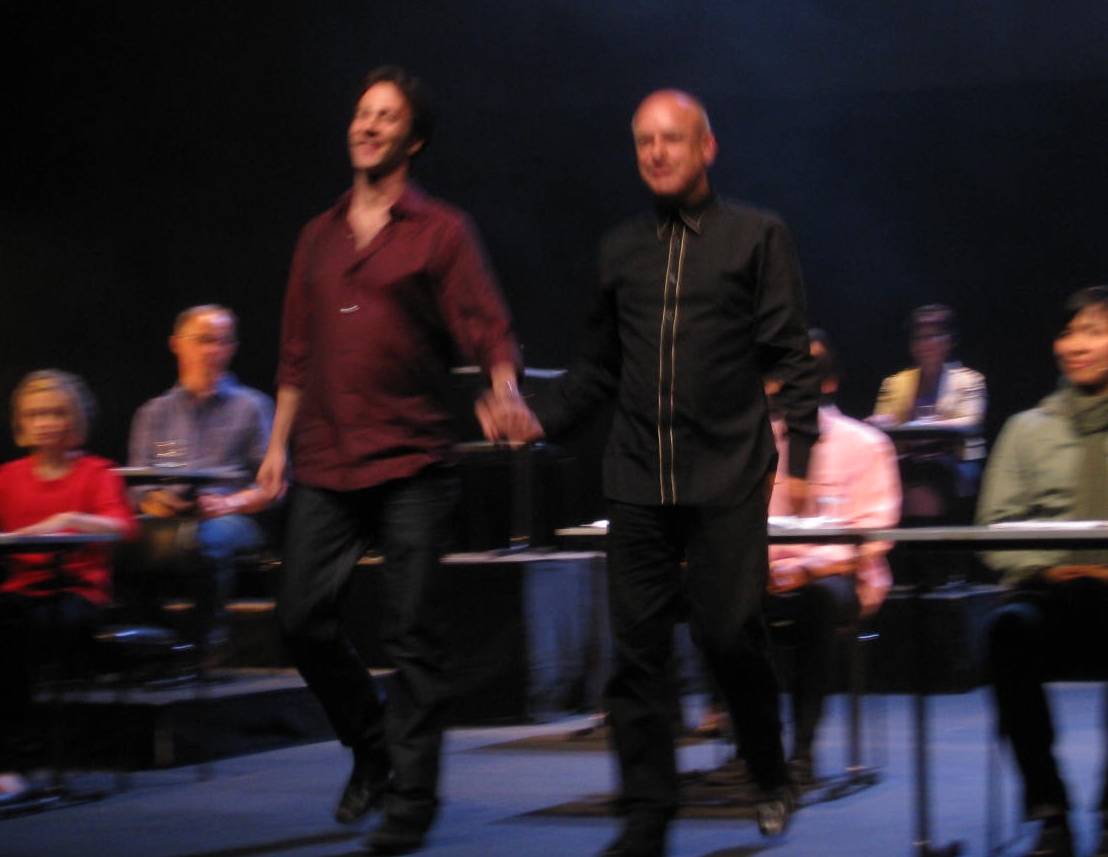 Just found a (low quality but cherished) photo from 2009, when Brian Eno turned my book SUM into a musical at the Sydney Opera House. Brain and I have remained friends all these years &amp; on Monday we're discussing my book LIVEWIRED at IQ2. Hope u join us! 
intelligencesquared.com/events/the-eve…