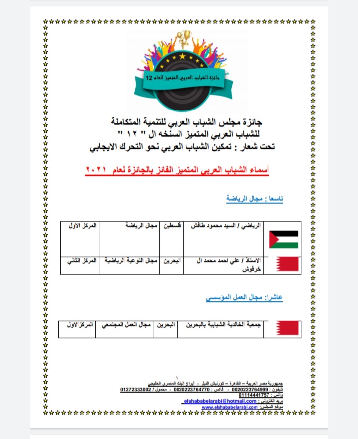 الاعلان عن الفائزين بجائزة مجلس الشباب العربي للتنمية المتكاملة للشباب العربي المتميز في نسختها ال ١٢