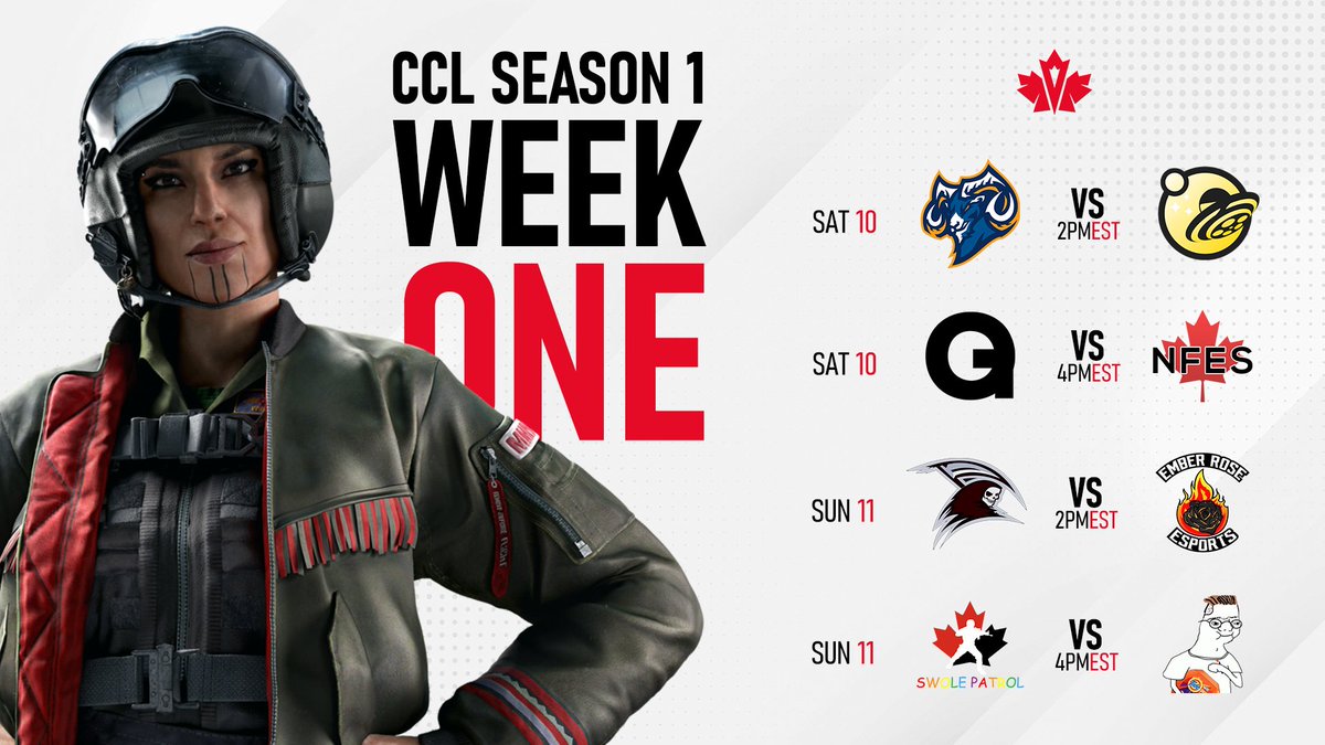 CCLR6S's tweet photo. GET READY CANADA! 🇨🇦

Season 1 of CCL begins on July 10th. Here are your week 1 matchups!

Saturday, July 10th
⚔️ @Valorsgg vs #NotFromHere
⚔️ #Orgless vs #NFES

Sunday, July 11th
⚔️ #Shinigami vs @Ember___Rose
⚔️ #SwolePatrol vs #TidePods

Watch it live! https://t.co/iSBNAtrL8B https://t.co/m4wkHQjJQ5