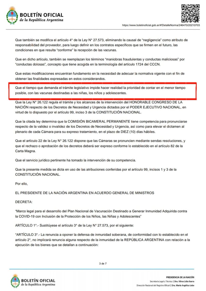 slospennato's tweet photo. Finalmente se reformó la ley de vacunas pero aunque Ud. no lo crea en los fundamentos del DNU el gobierno dice q el trámite parlamentario impedía contar en el menor tiempo posible con las vacunas para niños. Que falta de honestidad intelectual! https://t.co/RbQAnlB36i