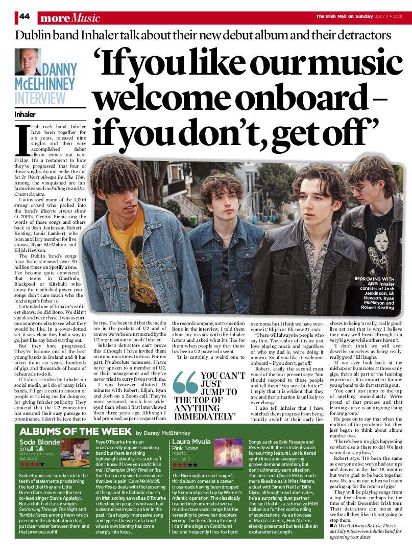 DannyMcElhinney's tweet photo. You can read my interview with Inhaler in the Irish Mail on Sunday. I also review albums by Soda Blonde and Laura Mvula. @InhalerDublin @UniMusicIreland  @IrishMailSunday @ExtraIRL @sodablonde @lauramvula #inhalerdublin https://t.co/PuX2iZJzs5