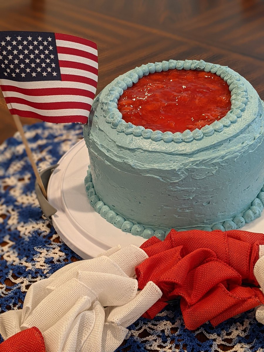 Three layer white cake dyed red, white, and blue with pastry cream, strawberry, and blueberry fillings. Frosted with Italian buttercream.

Happy Fourth of July!

#FourthofJuly #cake #cakes #July4th #WritingCommunity #kidlit #kidlitart #baker