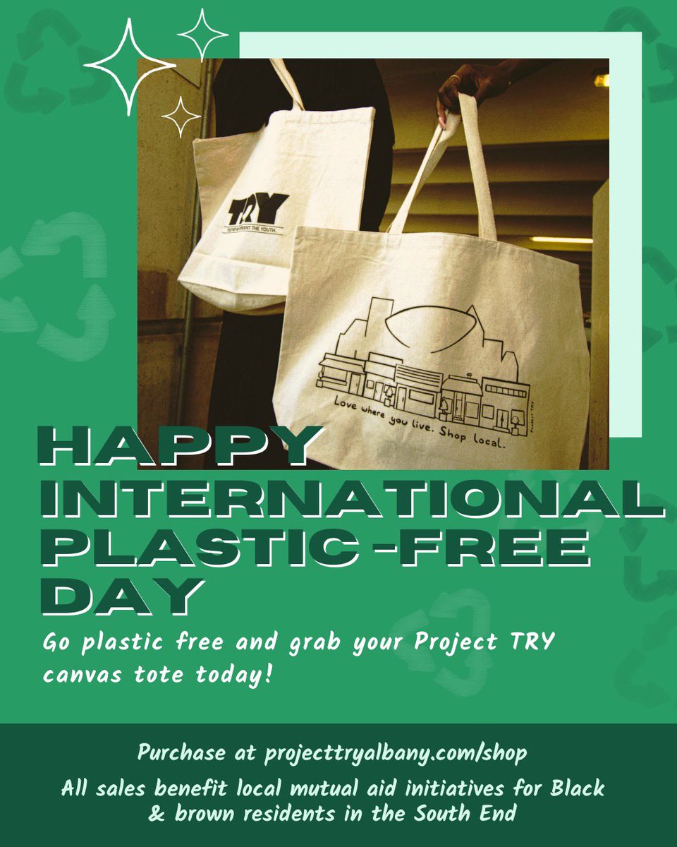 July 3rd is International Plastic-Free Day♻️💚We encourage you all to commit to reducing/eliminating your plastic use and opt for plastic alternatives. You can start by purchasing our Project TRY tote at projecttryalbany.com/shop!