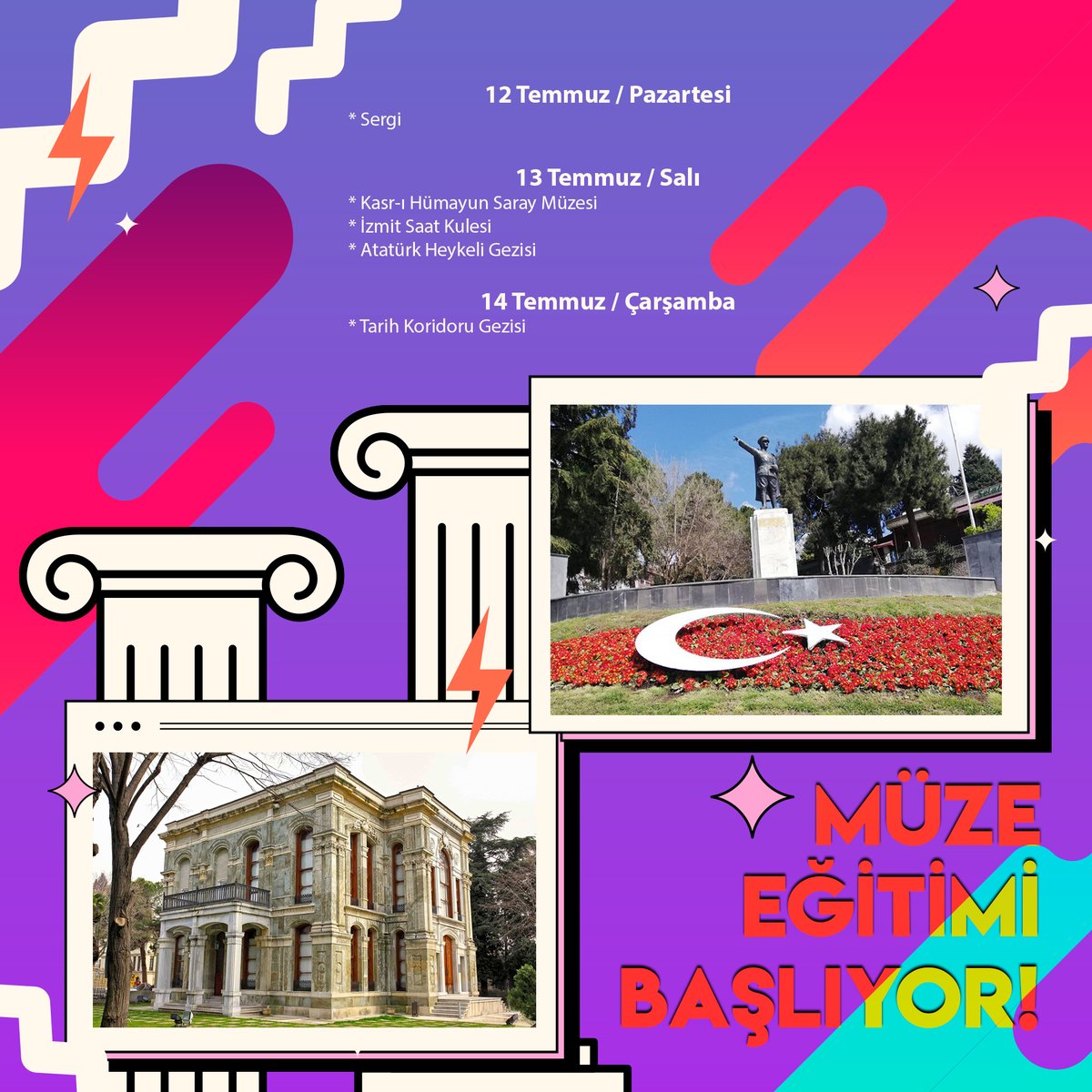 Kocaeli Müze Müdürlüğü’nün düzenlediği 7-12 yaş arası çocuklarımıza  yönelik, eğlenip öğrenerek kültürel miraslarımız hakkında farkındalıklarını arttırmak amacı ile yapılacak olan müze eğitimlerimize ait program detayları için lütfen diğer görsellere göz atınız.