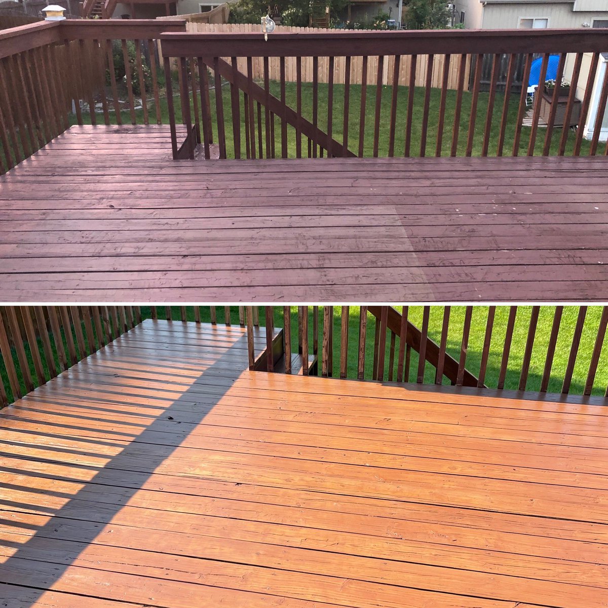 Before: Top Picture
After: Bottom Picture 

<a href="/ccordova021/">Creighton Cordova</a> and his dad did an unbelievable job sanding and staining our deck! 

They also paint houses.....if you need some work done reach out to them, they are outstanding!