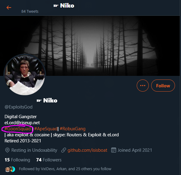 disbuted's tweet photo. I really don't get this, somehow everything gets blamed on me when this "Niko" kid legit started the LARP GoonSquad, then carries on to claim it and no-one says anything... Legit look at his first posts and you'll see him spamming his feed with #GoonSec LOOL :-0 https://t.co/D9zXwRxxfr