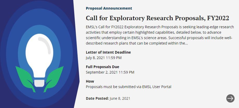 EMSLscience's tweet photo. EMSL's call for FY2022 exploratory research proposals is now open! Letters of intent are due July 8. Learn more here: https://t.co/322f8Ftz4u @doescience #userfacility #research #exploratoryresearch @PNNLab https://t.co/rtkJDxnuUb