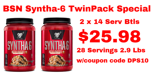 Get a twinpack - 2 x 14 serving bottles - of BSN Supplements  SYNTHA 6 protein for only $25.98 at DPS Nutrition with coupon DPS10! 

Two great flavors to choose from ->
- Birthday Cake Remix
- GERMANCHOKOLATEKAKE

https://t.co/3iwhBr5u1r

#stealtheshow @BSNSupplements https://t.co/7Rek4Fkxug