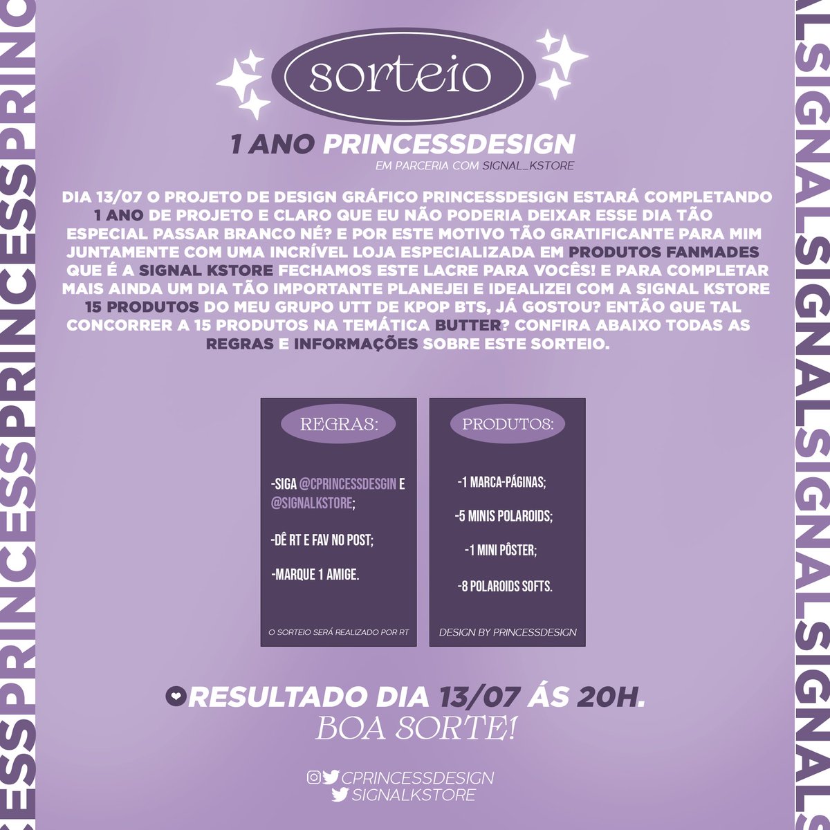 ✨SORTEIO PRINCESSxSIGNAL✨Em especial ao aniversário de 1 ano do projeto eu não poderia deixar passar em branco né? E quem não ama um sorteio? Confira todas as regras e como participar deste sorteio super especial que planejei juntamente com a <a href="/SignalKStore/">SignalKstore</a> e boa sorte!💗