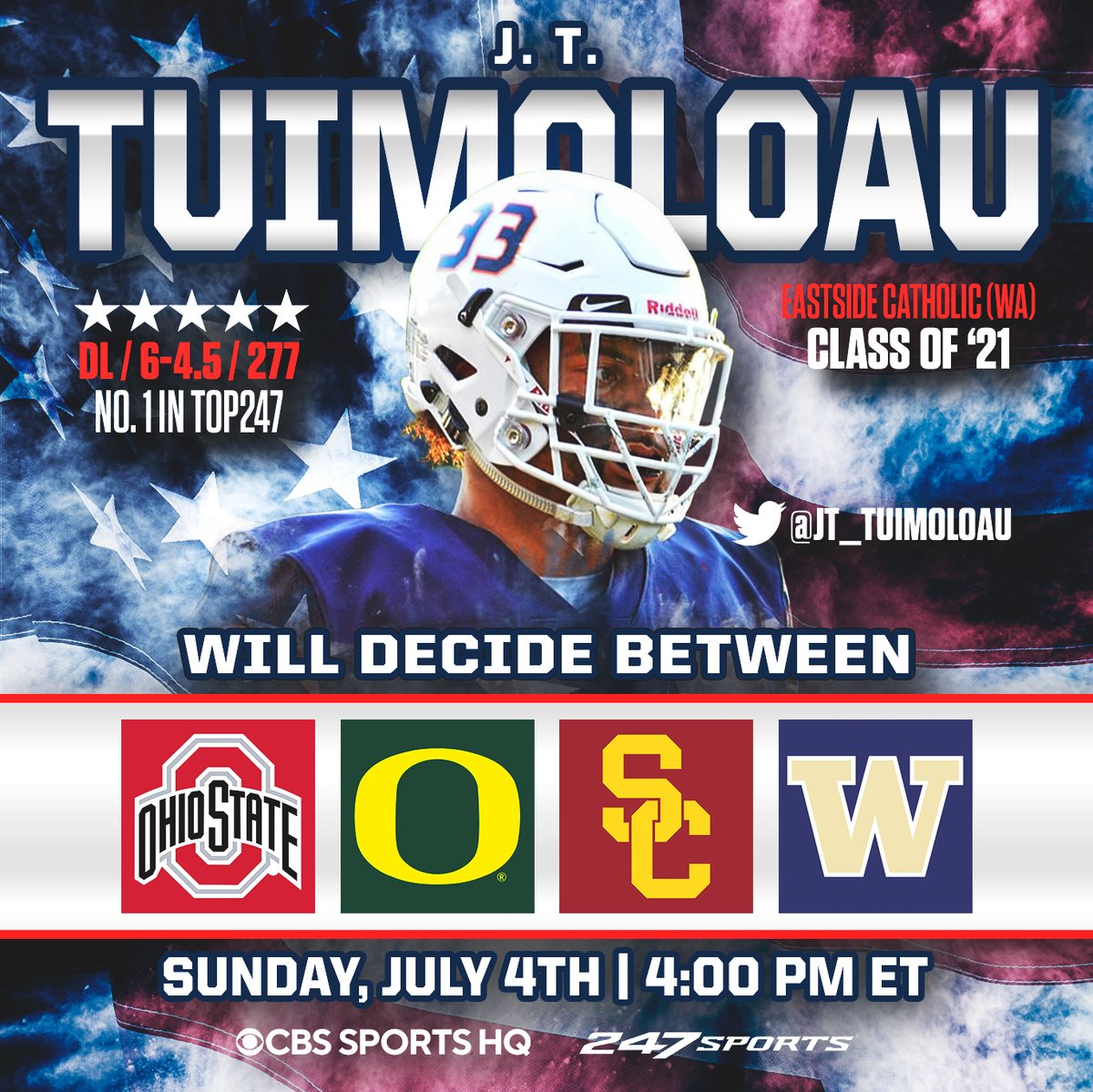 The No. 1 player on <a href="/247Sports/">247Sports</a> in 2021, J.T. Tuimoloau, (@JT_tuimoloau) will announce his decision on Sunday, July 4th, on <a href="/CBSSportsHQ/">CBS Sports HQ</a>. Story: 247sports.com/Article/JT-Tui…